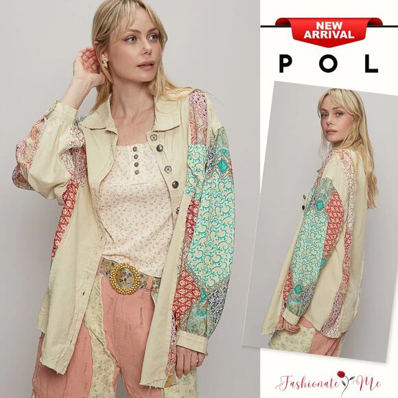 POL Bohemian Geometric Pattern Button Up Long Sleeves Oversized Shirt | Beige - Picture 1 of 5